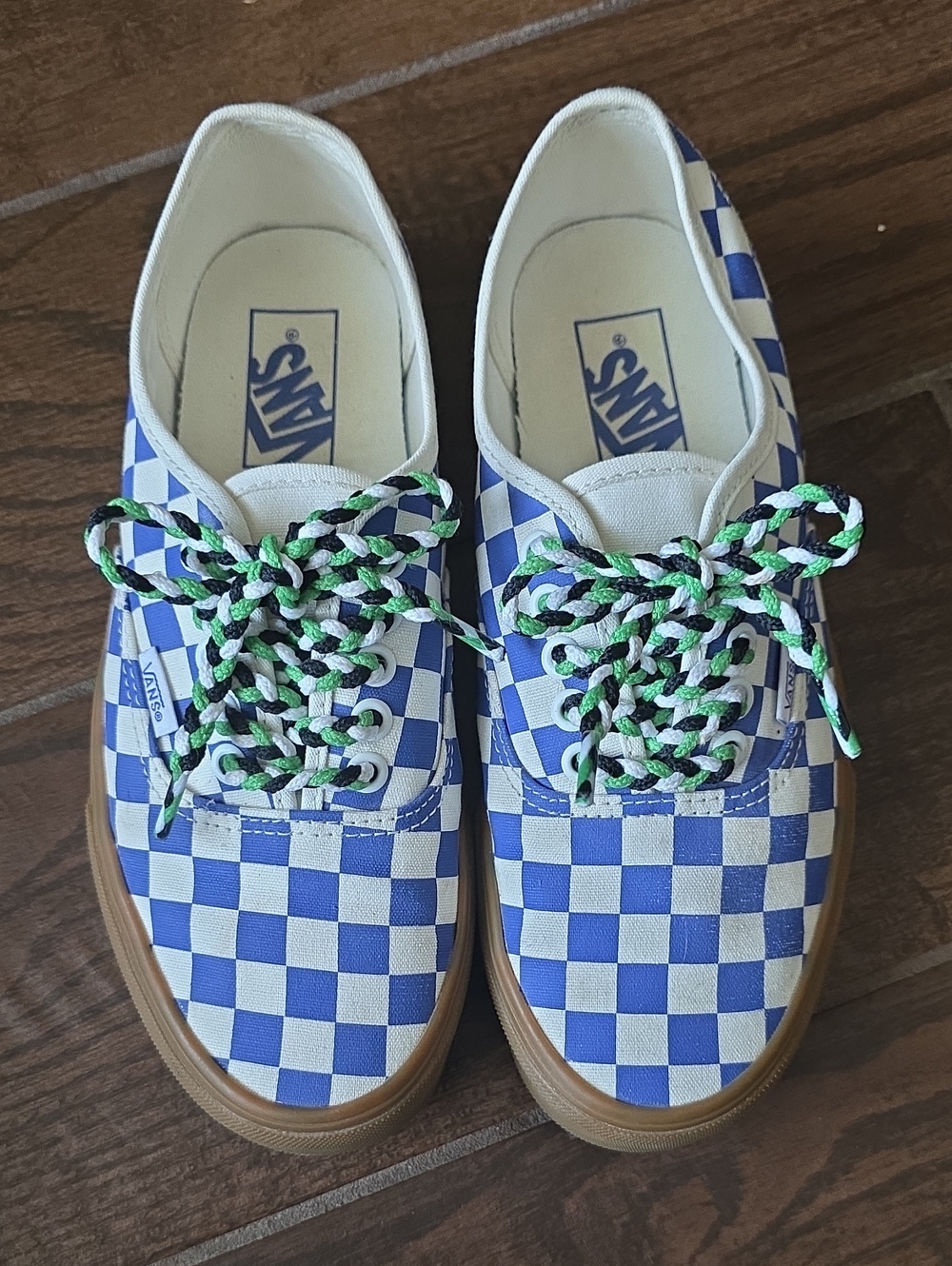 Vans Blue and White Checkerboard Sneakers with Green Accent Laces
